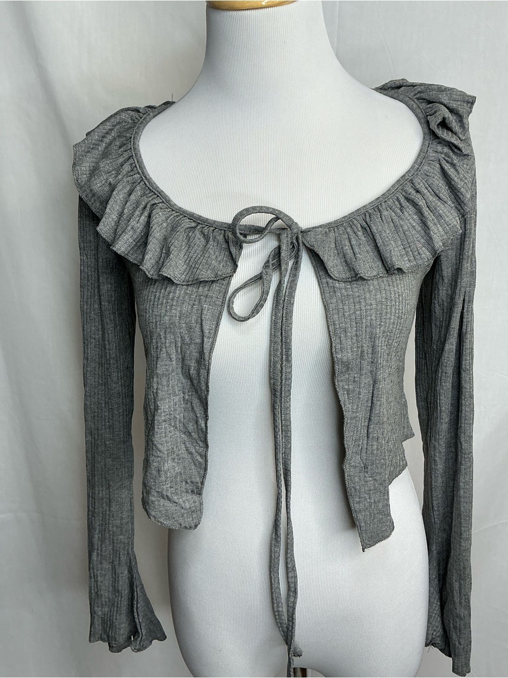 2211 - Ruffled Tie-Front Ribbed Cardigan - Gray
